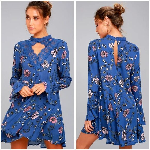 Lulu's New You Royal Blue Floral Print Lace Long Sleeve Swing Dress Size Small - Picture 1 of 7